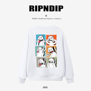 Ripndip ราคาถูก เสื้อกันหนาว คอกลม พิมพ์ลายการ์ตูนแมวนิ้วกลาง และหน้าผี สําหรับทุกเพศ