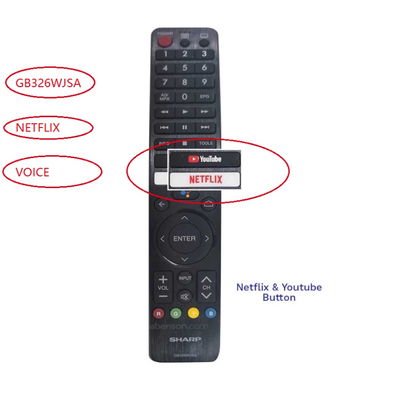 GB326WJSA สําหรับ SHARP AQUOS สมาร์ททีวีเสียงรีโมทคอนโทรล YouTube Netflix App 2T-C50 2T-C50BG1I 2T-C
