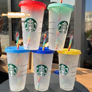 Starbucks แก้วน้ําพลาสติก Pp เปลี่ยนสีตามอุณหภูมิ พร้อมหลอด สีรุ้ง F7Q2