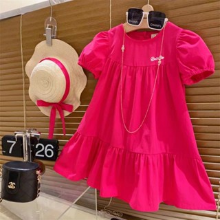 Lovely girl dragon fruit color bubble short-sleeved sweet princess skirt 2023 summer Korean version fashionable trend