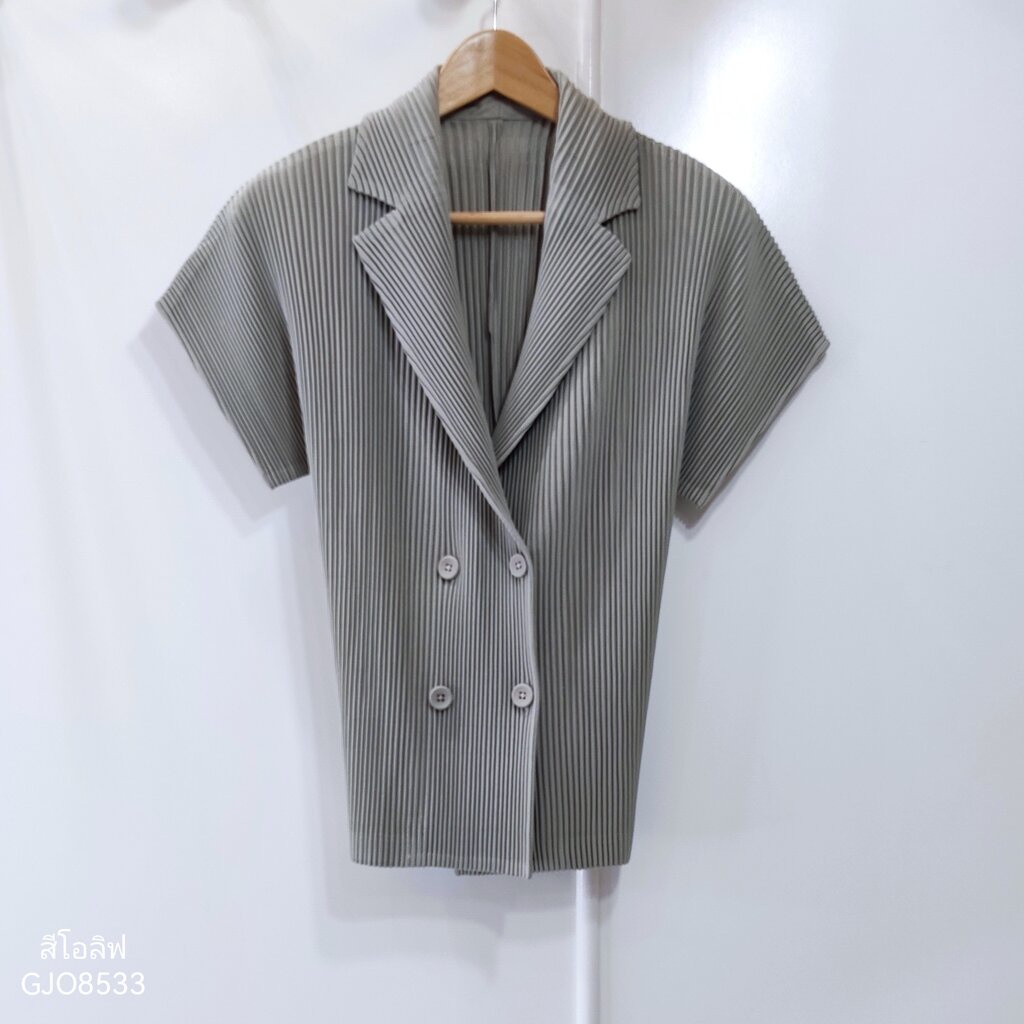 2MUAY รุ่น GJO8533 THICK SHORT SLEEVE COLLAR BUTTON FRONT PLEAT TOP เสื้อผู้หญิง เสื้อพลีทคุณภาพ 8สี FREE SIZE - รูปที่ 4