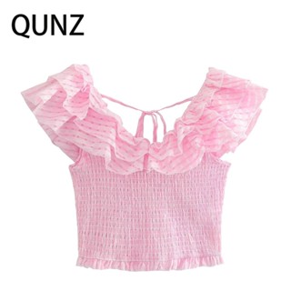 Qunz เสื้อกั๊ก อเนกประสงค์ ปักลายลูกไม้ สีชมพู 4675