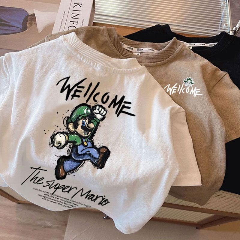 Boy Tshirt (1-14Y) แขนสั้น 100% Cotton T เสื้อหลวมบางสไตล์เกาหลีคู่พิมพ์แฟชั่น Top Boy เด็กสวมใส่เสื้อผ้า Baju Budak Lelaki