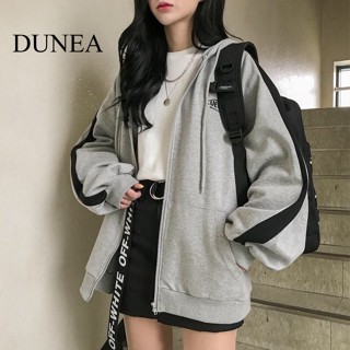 Dunea เสื้อฮู้ดดี้ มีซิป ปักลายตัวอักษร สไตล์ฮาร์ซูกุ สําหรับผู้หญิง