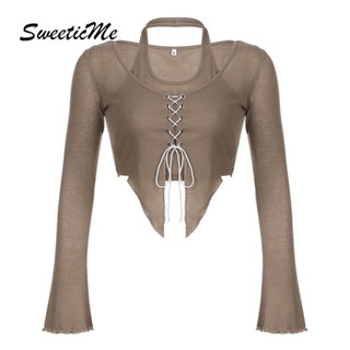 Sweeticme ใหม่ เสื้อยืดลําลอง แขนยาว เข้ารูป สองชิ้น สีพื้น แฟชั่นสําหรับสตรี 2023