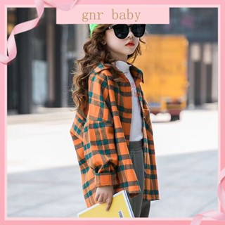 🍓GNR BABY🫐เสื้อเชิ้ตแขนยาว ลําลอง ทรงหลวม ลายสก๊อต สําหรับเด็กผู้หญิง อายุ 3-12 ปี