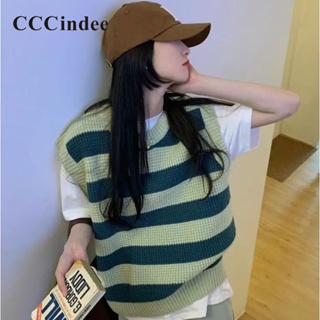 Cccindee เสื้อกั๊กลําลอง คอกลม ทรงหลวม ลายทาง สีตัดกัน แฟชั่นใหม่ สําหรับสตรี 2023