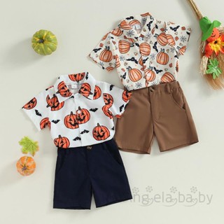 Hian-toddler เสื้อเชิ้ตแขนสั้น พิมพ์ลายฟักทอง และกางเกงขาสั้น สีพื้น สําหรับเด็กผู้ชาย เหมาะกับฮาโลวีน