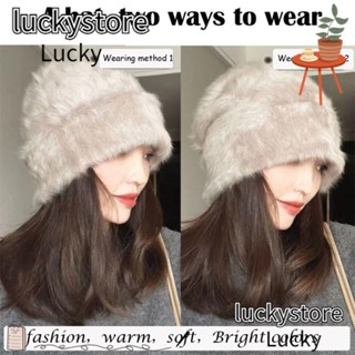 Lucky หมวกถักไหมพรม ขนกระต่าย ขนเฟอร์ยาว อบอุ่น สีพื้น ป้องกันหู สําหรับผู้หญิง Y2k