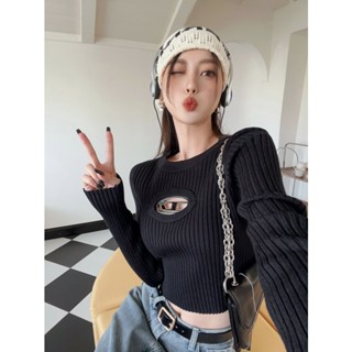 เสื้อเชิ้ตแขนยาว ผ้าถัก เข้ารูป พิมพ์ลายตัวอักษร ฉลุลาย เหมาะกับฤดูใบไม้ร่วง สําหรับผู้หญิง