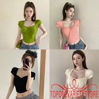 Topone- เสื้อครอปท็อป แขนทรงหมวก สีพื้น ฤดูร้อน สําหรับผู้หญิง ใส่ไปคลับ