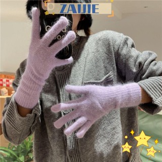 Zaijie24 ถุงมือผ้าขนสัตว์ แบบเต็มนิ้ว สีพื้น แฟชั่นฤดูใบไม้ร่วง และฤดูหนาว