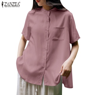 Zanzea เสื้อเชิ้ตแขนสั้น คอปกตั้ง ลําลอง สีพื้น ทรงหลวม สไตล์เกาหลี สําหรับผู้หญิง