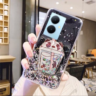 เคสโทรศัพท์มือถือ TPU นิ่ม ปิดด้านหลัง ลายการ์ตูนหมีชานมน่ารัก สีชมพู พร้อมขาตั้ง สําหรับ VIVOY27 VIVOY36 VIVOY78 VIVO Y27 Y36 Y78 Y02T Y02A 5G 4G