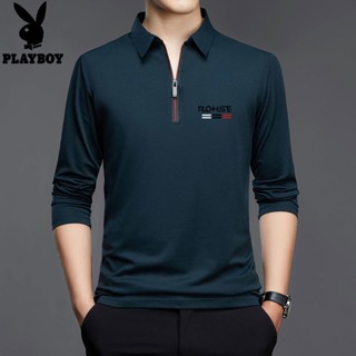 เสื้อโปโลแขนยาวลําลอง คอปก แต่งซิป พิมพ์ลาย สีพื้น สําหรับผู้ชาย