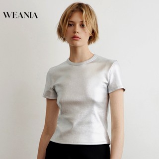 Weania เสื้อยืดแขนสั้นลําลอง สีโลหะ สําหรับผู้หญิง