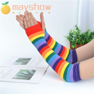 Mayshow ปลอกแขน ไร้นิ้ว ผู้หญิง สีรุ้ง ลายทาง เครื่องแต่งกายฮาโลวีน ถุงมือ