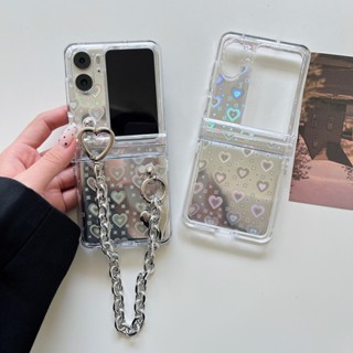 เคสโทรศัพท์มือถือ PC แข็ง แบบใส กันกระแทก ลายหัวใจน่ารัก พร้อมสายโซ่คล้อง สําหรับ Oppo Find N2 Flip Case 3in1