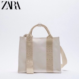 Zara กระเป๋าสะพายไหล่ กระเป๋าช้อปปิ้ง ผ้าแคนวาส แบบพกพา สําหรับผู้หญิง 2021