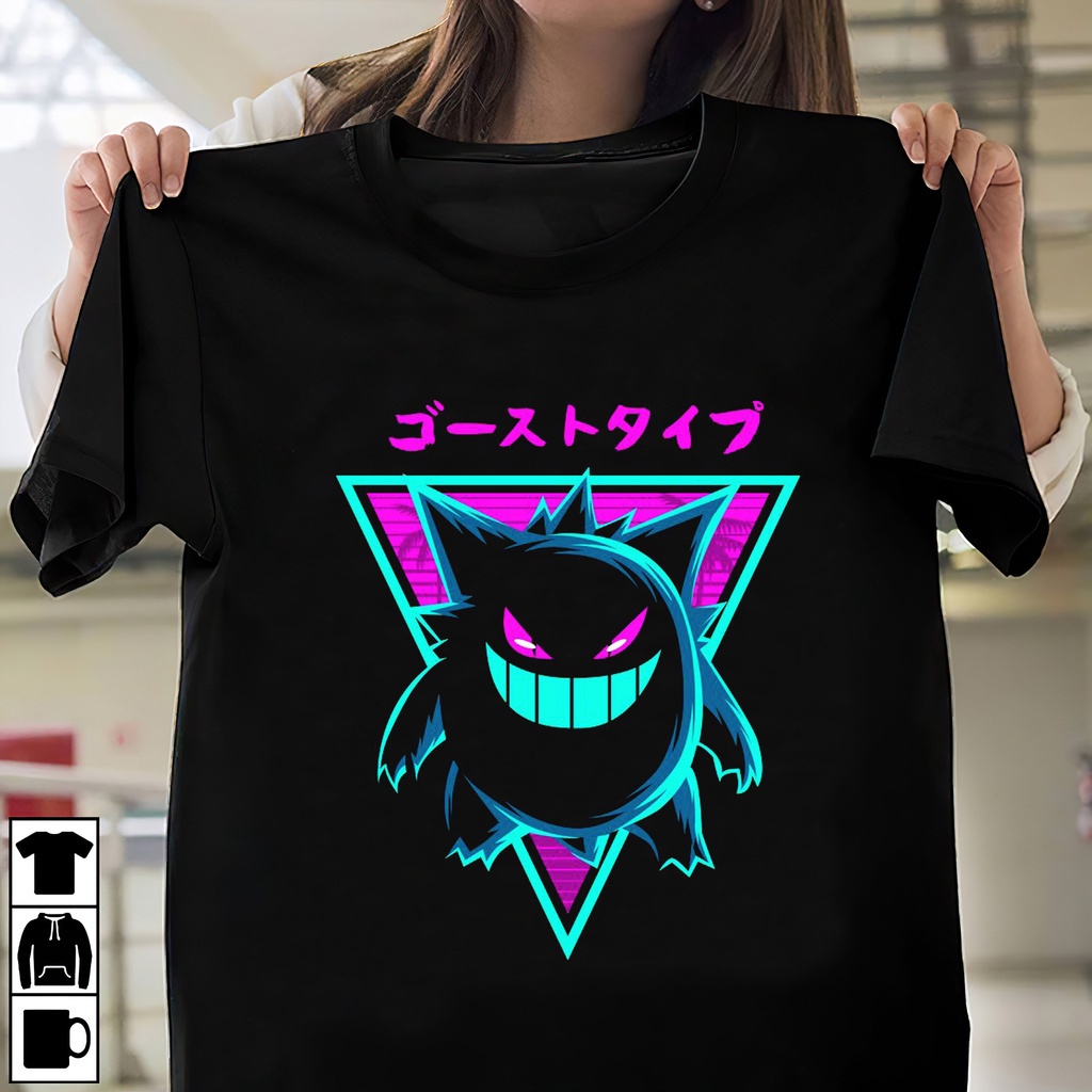 เสื้อยืดแขนสั้นPokemon Gengar Neon Light T, Gengar, Retro, Pikachu, Snorlax Tee, Gengar Pokemon, Pok