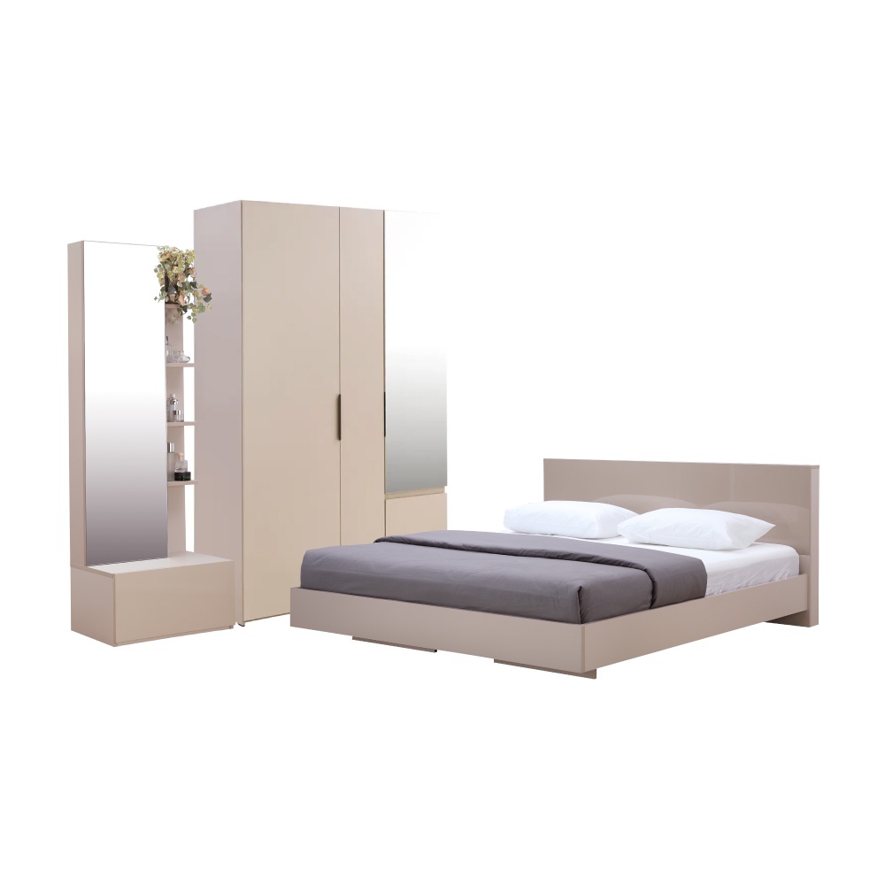INDEX LIVING MALL ชุดห้องนอน รุ่นแมสซิโม่+แมกซี่ ขนาด 6 ฟุต (เตียงนอน(พื้นเตียงทึบ), ตู้เสื้อผ้า 3 บาน พร้อมกระจกเงา, โต๊ะเครื่องแป้ง) - สีหินทราย