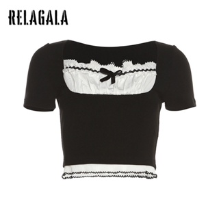 Relagala ใหม่ เสื้อยืดแขนสั้น คอสี่เหลี่ยม เข้ารูป สีพื้น แฟชั่นสตรีท 2023