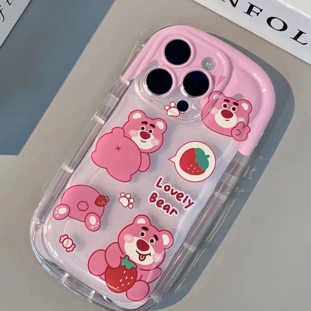 เคสโทรศัพท์มือถือ ซิลิโคนใส กันกระแทก ลายหมีสตรอเบอร์รี่ สีชมพู สําหรับ IPhone 15 12 13 14 11 Pro Max X Xs Max Xr 7 8 7+ 8+ plus