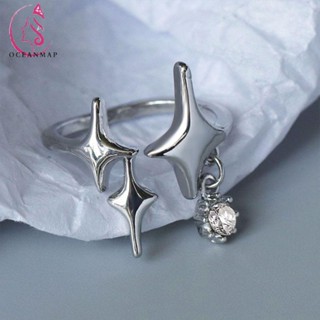 OCEANMAP Girl Four Pointed Star Ring Silver Fashion Jewelry Korean Style Punk Elegant Minimalist Temperament Adjustable Ins Women Opening Ring