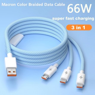 3 in 1 66W สายชาร์จ มาการงถัก ชาร์จเร็วมาก สายข้อมูล Usb Micro สําหรับ Samsung A54 Android Type C สายชาร์จ