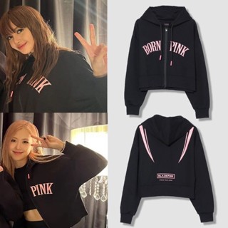 KPOP BLACKINK BORN PINK World Tour Japan Tokyo Dome Concert Cotton Crop Top ผู้หญิง LISA ROSE SAME ซิปสั้น Hoodie บวกขนาดเกาหลีแฟชั่นหลวม ๆ นักเรียนเสื้อสเวตเตอร์