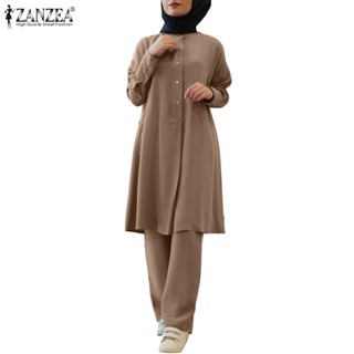 Zanzea เสื้อเบลาส์ แขนยาว ทรงหลวม สไตล์มุสลิม Abaya Kaftan สีพื้น + กางเกงขายาว สําหรับผู้หญิง