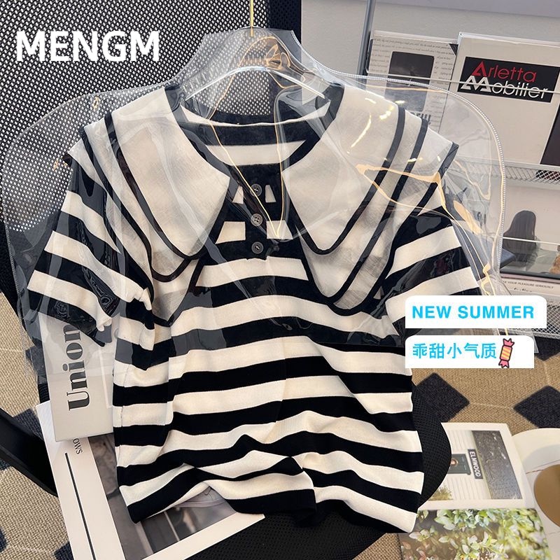 เสื้อยืดแขนสั้น คอตุ๊กตา ลายทาง สไตล์เกาหลี เข้ากับทุกการแต่งกาย 2023