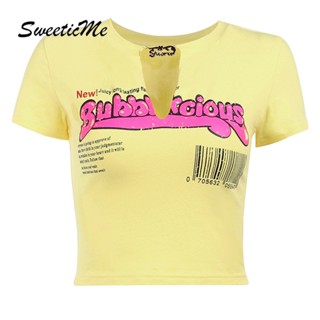 Sweeticme เสื้อยืดลําลอง คอวี แขนสั้น พิมพ์ลาย เซ็กซี่ แฟชั่นใหม่ สําหรับสตรี 2023