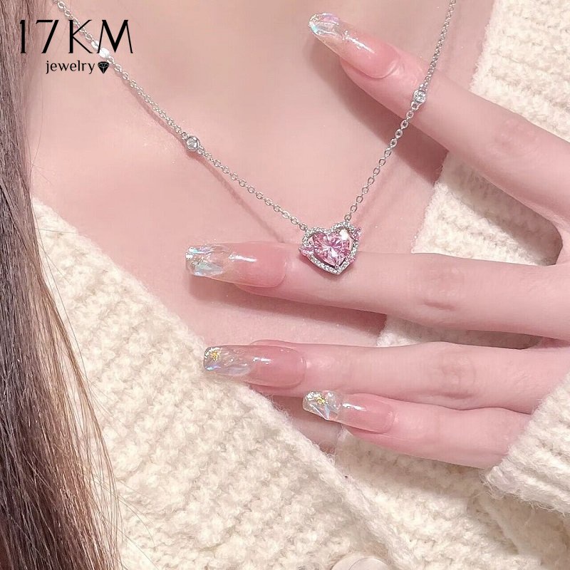 สร้อยคอโซ่เงิน 17 กม. จี้หัวใจ ประดับเพทายคริสตัล สีชมพูหวาน เครื่องประดับ สําหรับผู้หญิง แฟนสาว