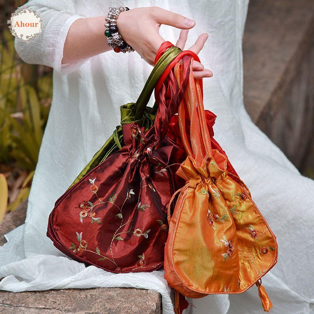Ahour Women's Handheld Bag Ethnic Style Embroidered Bag Zero Wallet Women's Bucket Bag Drawstring Bag