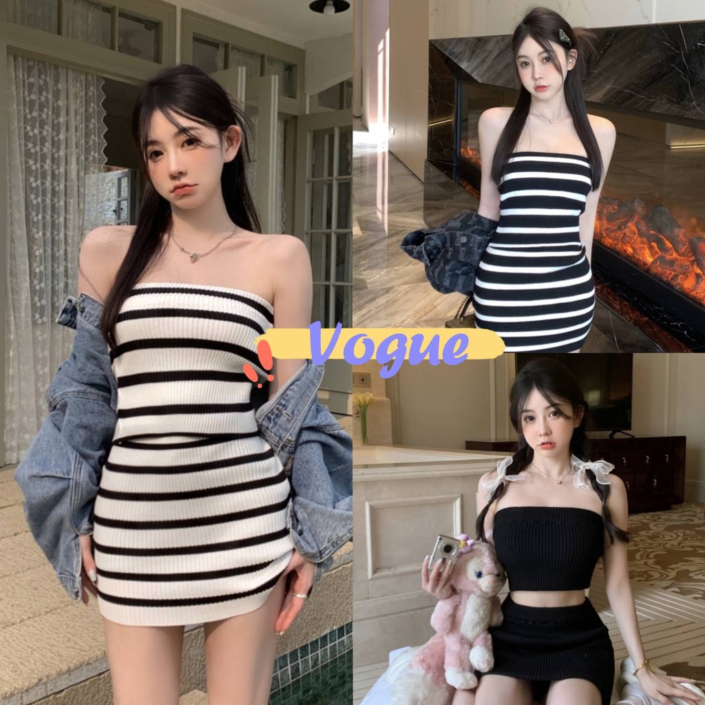 Vogue พร้อมส่ง ชุดเซ็ท เสื้อเกาะอก+กระโปรง ดีเทลผ้าไหมพรมยืดตามตัว (M2813) -C
