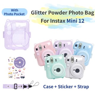 เคสกระเป๋าใส่กล้อง ลายกลิตเตอร์ พร้อมสายคล้อง และสติกเกอร์ สําหรับ For Instax Mini 12 Mini12