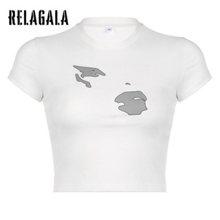 Relagala ใหม่ เสื้อยืดลําลอง แขนสั้น คอกลม พิมพ์ลาย เซ็กซี่ สีพื้น แฟชั่นสําหรับสตรี 2023