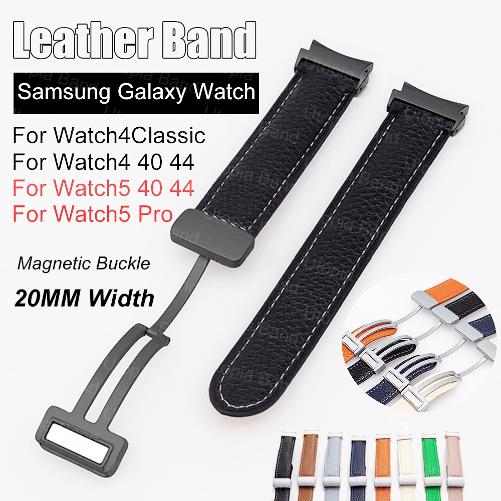 สายนาฬิกาข้อมือหนัง หัวเข็มขัดแม่เหล็ก 20 มม. สําหรับ Samsung Watch6 43 มม. 47 มม. Watch5 Pro 45 มม. Galaxy Watch5 40 มม. 44 มม. Watch4 Classic 46 มม.