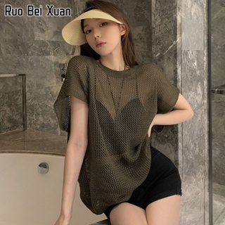 RUO BEI XUAN สตรีเสื้อยืดกลวงใหม่เกาหลีแขนสั้นคอกลมหลวมเสื้อยืดเรียบง่ายกลวงครีมกันแดดด้านบน