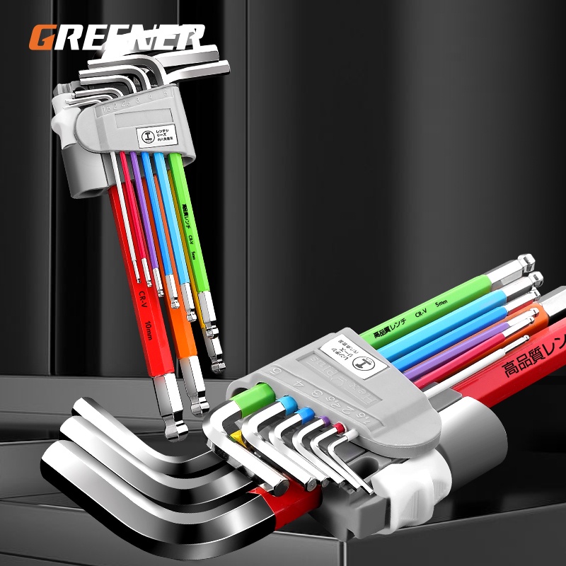 ชุดกุญแจ Greener Allen 9 ชิ้นชุดหกเหลี่ยม Spanner Universal Hex ประแจไขควง 6 มุม