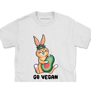 เสื้อยืดคอกลม เสื้อยืดผ้าฝ้าย tshirt [COD]เสื้อยืด พิมพ์ลาย Go Vegan Rabbit