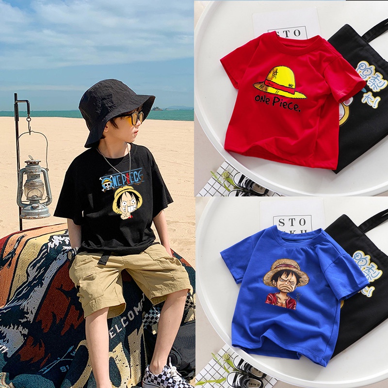 เสื้อยืดแขนสั้นลําลอง ทรงหลวม พิมพ์ลาย One Piece สไตล์ญี่ปุ่น สําหรับเด็กผู้ชาย
