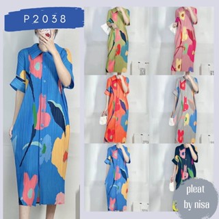 Pleatbynisa P2038 เดรสอัดพลีท แขนสั้น ทรงตรงยาว กระดุมผ่าหน้า แต่งลายดอก ฟรีไซส์ s-xxl ใส่ได้