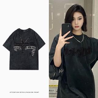 【 Wash Black Series 】เสื้อยืดแขนสั้น ผ้าฝ้าย 100% พิมพ์ลายกราฟฟิค ทรงหลวม สไตล์เกาหลี เรโทร โอเวอร์ไซซ์ สําหรับผู้หญิง