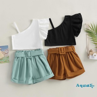 Aqq- ชุดเสื้อแขนบิน เปิดไหล่ข้างเดียว และกางเกงขาสั้น ยืดหยุ่น สีพื้น แฟชั่นฤดูร้อน สําหรับเด็กผู้หญิง