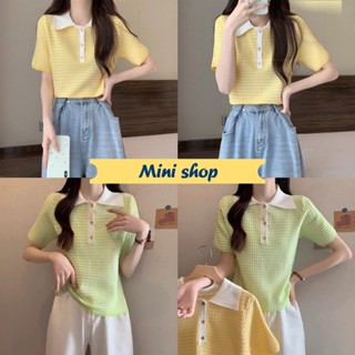 Mini shop🌸พร้อมส่ง🌸 (99130) เสื้อไหมพรมสีพื้น คอปก ดีเทลลายบนเสื้อ  สีสันสดใสมี 2 สี  -C