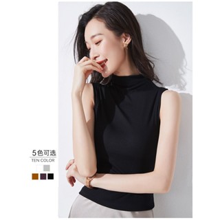 เสื้อยืดแขนกุด คอเต่า สีดํา แฟชั่นบอททอม สําหรับผู้หญิง