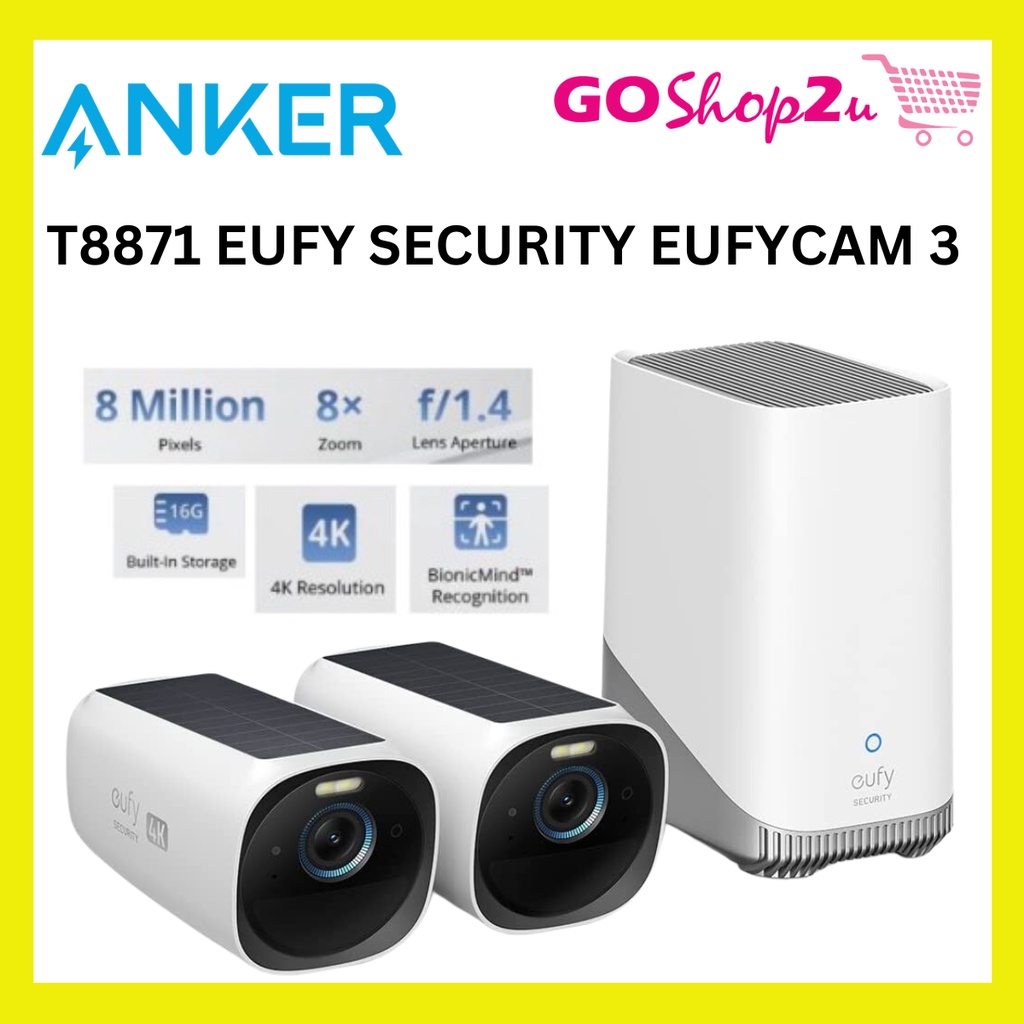 Anker T8871/T8160 eufy Security eufyCam 3 2 กล้อง, กล้องรักษาความปลอดภัยไร้สาย 4K พร้อมแผงโซลาร์เซลล