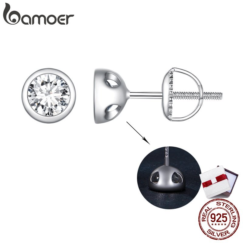 Bamoer ต่างหูเงินสเตอร์ลิง 925 ทรงโค้ง 0.5ct เครื่องประดับ สําหรับผู้หญิง MSE026